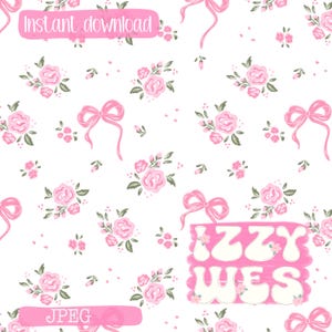 Puede incluir: Un patrón sin costuras con rosas rosas, lazos y los textos "Descarga instantánea" y "JPEG" sobre un fondo blanco. El diseño incluye un bloque rosa y blanco con el nombre "Izzy Wes".