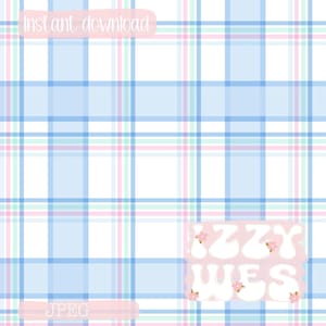 May include: Digital download featuring a pastel blue, pink, and green plaid pattern. The design includes the text "Instant download" and "JPEG" in pink banners, along with the name "Izzy Wes" in a bubble font.