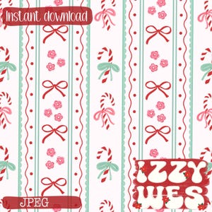 May include: A repeating pattern with candy canes, bows, and flowers in red, pink, and mint green on a white background. The words "Instant download" and "JPEG" are displayed. The name "Izzy Wes" is also displayed.