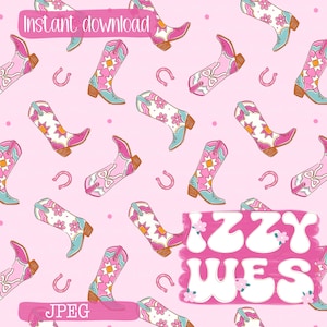 May include: A repeating pattern on a light pink background featuring illustrations of cowboy boots in shades of pink, white, and teal, interspersed with small pink horseshoes. The text reads Instant download, JPEG, and IZZY WES.