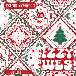 May include: A digital pattern featuring a repeating diamond grid with red and green holiday motifs including roses, holly leaves, and a Christmas tree. The text "Instant download" appears at the top, and "IZZY WES" is written in white.