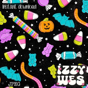 May include: A digital Halloween pattern with sweets, a carved pumpkin, bats, and gummy bears on black. The words "Instant download" and "JPEG" are visible. The design features colourful elements and white stars.