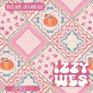 May include: A digital pattern featuring a repeating design of pumpkins, flowers, and decorative borders in shades of pink, orange, and teal. The words "Instant download" and "JPEG" are displayed on the image, along with the name "Izzy Wes".