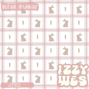 Könnte beinhalten: Ein nahtloses Muster mit einem sich wiederholenden Design aus braunen Hasen und orangefarbenen Karotten auf einem rosa-weiß karierten Hintergrund. Der Text "IZZY WES" befindet sich in der unteren rechten Ecke des Bildes.