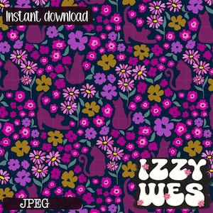 May include: A digital pattern featuring a dark blue background with a repeating design of purple cat silhouettes, pink, purple, and yellow flowers. The words "Instant download" and "JPEG" are visible. The name "Izzy Wes" is also visible.