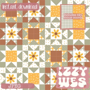 May include: A digital download graphic featuring a patchwork design with squares, triangles, and floral patterns. The color palette includes shades of brown, yellow, and green. Text includes "Instant download", "Includes two bonus coords", "JPEG", and the name "Izzy Wes".
