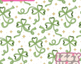 May include: A seamless pattern featuring green shamrock bows with gold glitter stars on a white background. The text "IZZY WES" is in the bottom right corner of the pattern.