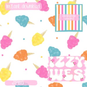 May include: A digital pattern featuring colorful cotton candy cones in pink, blue, orange, and yellow on a white background. The image includes text that says "Instant download", "Includes coord", "JPEG", and "Izzy Wes".