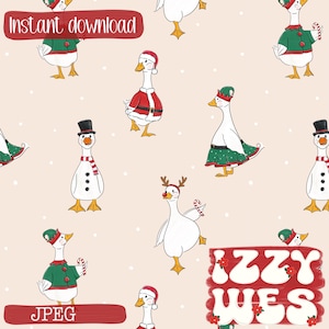 May include: A repeating pattern of cartoon geese dressed in festive holiday attire, including Santa hats, elf outfits, and reindeer antlers. The geese are white with yellow feet and beaks, set against a light pink background with falling white dots. The words "Instant download" and "JPEG" are visible.