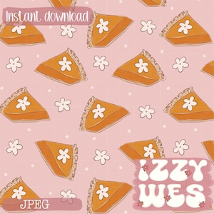 May include: A repeating pattern of orange pie slices with white flower accents and white flowers on a pink background. The words "Instant download" and "JPEG" are at the top and bottom left. The words "IZZY WES" are in the bottom right.