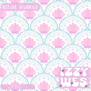 Op de afbeelding: Een naadloos patroon met roze schelpen met strikjes, witte sterren en teal gegolfde cirkels op een witte achtergrond. De tekst "IZZY WES" staat in de rechterbenedenhoek van de afbeelding.