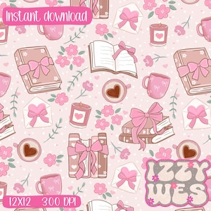 May include: A seamless pattern featuring pink and brown books, cups of coffee, candles, envelopes, and flowers on a light pink background. The pattern is ideal for crafting projects, scrapbooking, and digital design.