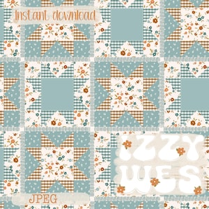 Finta trapunta patchwork autunnale in stile western senza cuciture / Motivo floreale ripetuto disegnato a mano in stile cottagecore blu e marrone / Grandma Core / Sierra