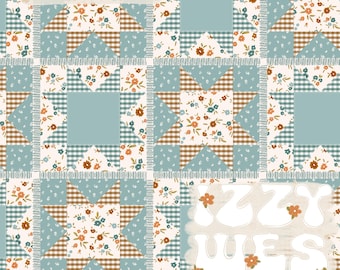 Western patchwork naadloos namaakquilt | Blauw en bruin cottagecore handgetekende bloemen herhalend oppervlaktepatroon | Grandma Core | Sierra: