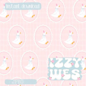 May include: A repeating pattern featuring white geese wearing party hats and blue bows, set within pink oval frames with a lace-like border. The background is a pink striped design. Text includes "Instant download" and "JPEG".