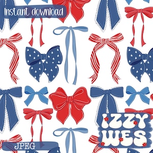 4th of July Bows| Red White and Blue USA Coquette hand drawn seamless repeating pattern| America Stars and Stripes patriotic surface pattern