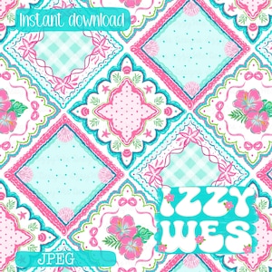 May include: A digital pattern featuring a repeating design of squares with a tropical theme. The pattern includes pink hibiscus flowers, seashells, and geometric shapes in shades of pink, turquoise, and white. Text includes "Instant download", "JPEG", and "Izzy Wes".