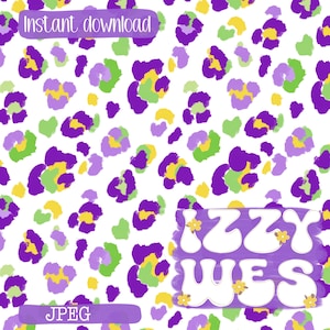May include: A digital pattern featuring a white background with scattered leopard-style spots in purple, light green, and yellow. The text "Instant download" appears at the top, "IZZY WES" in white bubble letters on a purple patch, and "JPEG" at the bottom.