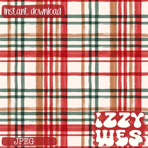 Könnte beinhalten: Digitaler Download mit einem rot, grün und braun karierten Muster auf cremefarbenem Hintergrund. Das Design enthält den Text "Sofort-Download" und "JPEG". Die rechte untere Ecke zeigt den Text "Izzy Wes".