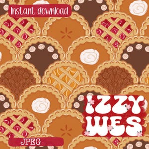 Fall Pie Scalloped Seamless Repeating Pattern | Hand Drawn Pumpkin, Apple, Peach, Cherry Pies Vintage Digital Design | Sugar and Spice
