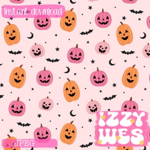 Pink Jack o Lantern Hallowen Pumpkins seamless hand drawn surface pattern digital repeating| Trick  or treat  surface digital design