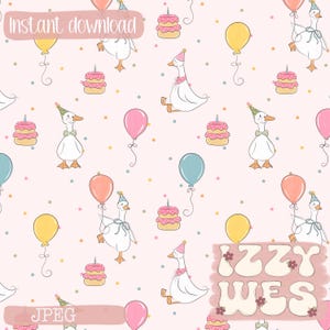 May include: A seamless pattern featuring a pink background with white geese wearing party hats, pink and yellow balloons, and pink and white cakes with candles. The text "IZZY WES" is in the lower right corner of the pattern.