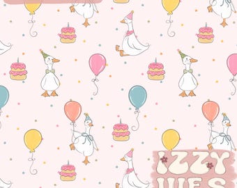 Goose birthday Coquette seamless hand drawn surface pattern party geese digital repeating pattern| silly goose surface pattern on pink