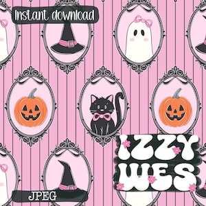 May include: A digital pattern featuring repeating oval black ornate frames on a pink striped background. Inside the frames are illustrations of a black witch hat, a white ghost with a pink bow, an orange jack-o'-lantern, and a black cat.