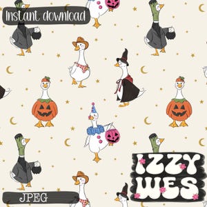 Halloween Goose Neutral seamless hand drawn surface pattern digital repeating| Trick or Treat silly geese costumes surface digital design