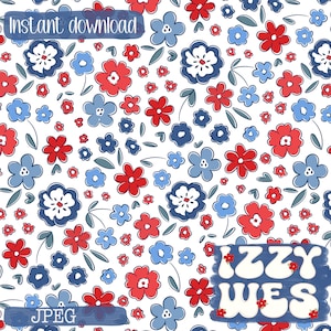 May include: A seamless pattern featuring red and blue flowers on a white background. The pattern is perfect for use in digital scrapbooking, crafting, and other creative projects. The text "IZZY WES" is visible in the bottom right corner of the image.