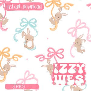 May include: A repeating pattern featuring cartoon bunnies, pastel bows, and ribbons in pink, yellow, and blue on a white background. The words "Instant download" and "JPEG" are displayed on pink banners. The overall theme is Easter or spring.