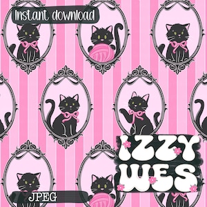 May include: A repeating pattern featuring black cats with green eyes and pink bows inside ornate black oval frames on a pink striped background. The text "Instant download", "IZZY WES", and "JPEG" are overlaid on the graphic design.