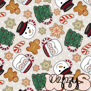 May include: A repeating pattern of Christmas-themed illustrations. The design includes mugs shaped like Christmas trees, snowmen, and Santa Claus, along with gingerbread men, candy canes, and snowflake cookies. The background is a light beige color with small white stars.