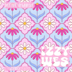 Könnte beinhalten: Ein sich wiederholendes Blumenmuster mit rosa, weißen und gelben Blumen auf hellblauem und rosa Hintergrund. Das Design enthält den Text "Instant download", "JPEG" und "IZZY WES".