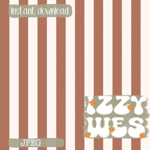 May include: A digital graphic featuring vertical stripes in alternating shades of terracotta and cream. A sage green rectangular patch in the lower right corner displays the white text IZZY WES, accented with small orange flowers throughout the letters.