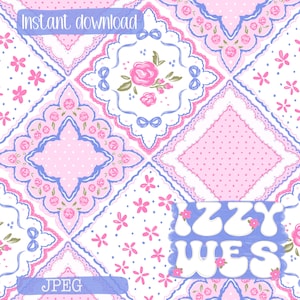 Vintage Floral Patchwork Seamless Pattern | Jolene Pink and Purple Trendy Hankie Quilt Digital Surface Pattern | Hand Drawn Heirloom Design