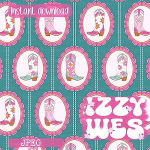 May include: A repeating pattern of pink and white cowboy boots inside pink scalloped oval frames on a teal background with vertical dashed lines. The text Instant download, JPEG, and IZZY WES with small pink flowers are visible on the image.