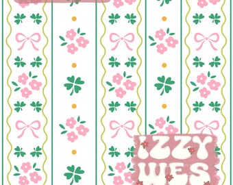 May include: Digital download featuring a repeating pattern of pink flowers, green shamrocks, and pink bows on a white background. Vertical green and gold stripes frame the design. The text "Instant download" and "JPEG" are visible.