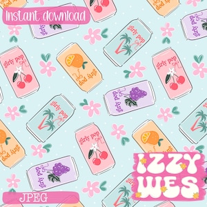 Girly Soda Pop- Blue seamless hand drawn surface pattern Fruity summer digital repeating pattern cherry soda surface pattern trendy soda pop