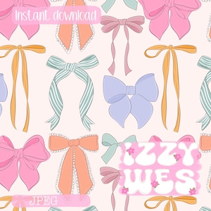 May include: A digital pattern featuring various colorful bows in shades of pink, orange, blue, and green on a light pink background. The words "Instant download" and "JPEG" are visible. The design includes the text "Izzy Wes".