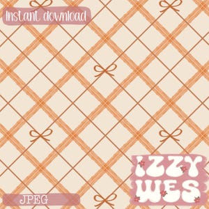 Può includere: Un motivo digitale con un design a quadri nei toni del pesca e del marrone, adornato da piccoli fiocchi. Le parole "Download istantaneo" e "JPEG" sono visualizzate su banner rosa. Il design include il testo "IZZY WES".