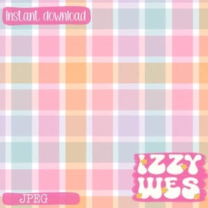 May include: A digital download of a pastel plaid pattern in pink, blue, yellow, and white. The text "IZZY WES" is in white letters on a pink background with yellow flowers.
