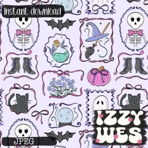 May include: A digital pattern download with Halloween illustrations. The design includes a witch's hat, broom, skeleton, black cat, and a pink pumpkin, all framed with decorative borders. The text "Instant download" and "JPEG" are visible.