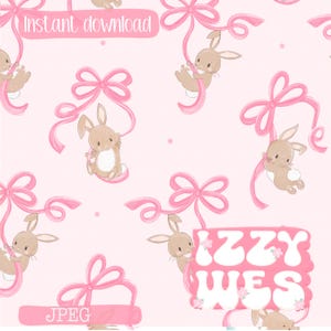 Easter Bunnies with Pink Bows Seamless Pattern | Hand Drawn Digital Download | Coquette Whimsical Bunny Repeating Pattern for Girls