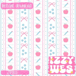 School Seamless Pink Vertical Stripes, Repeating Pattern Back to School Hand drawn seamless pink bows and apples Grandmillennial vintage