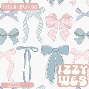 May include: A seamless pattern featuring various pastel blue and pink bows with different textures and designs. The pattern includes polka dots, stripes, and lace. The text "IZZY WES" is featured in a retro font with floral accents.