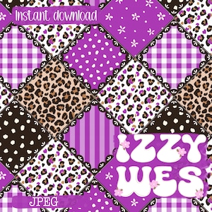 May include: A digital pattern featuring a patchwork of diamond-shaped tiles in purple, white, and brown. Designs include leopard print, gingham, polka dots, stripes, and floral motifs. The text "Instant download" and "IZZY WES" appear in white.