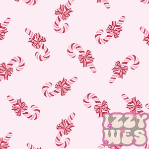 May include: A repeating pattern of candy canes with red and white stripes and red bows on a pale pink background. The candy canes are in various orientations, creating a festive and playful design.