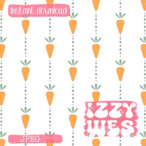 Peut inclure: Motif répété de carottes oranges avec des sommets verts et des lignes pointillées sur fond blanc. Les mots "Téléchargement instantané" et "JPEG" sont dans des bannières roses. Les mots "Izzy Wes" sont dans une bannière rose avec des fleurs.