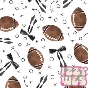 May include: A seamless pattern featuring brown footballs, black bows, and black and white hand-drawn football play diagrams on a white background.